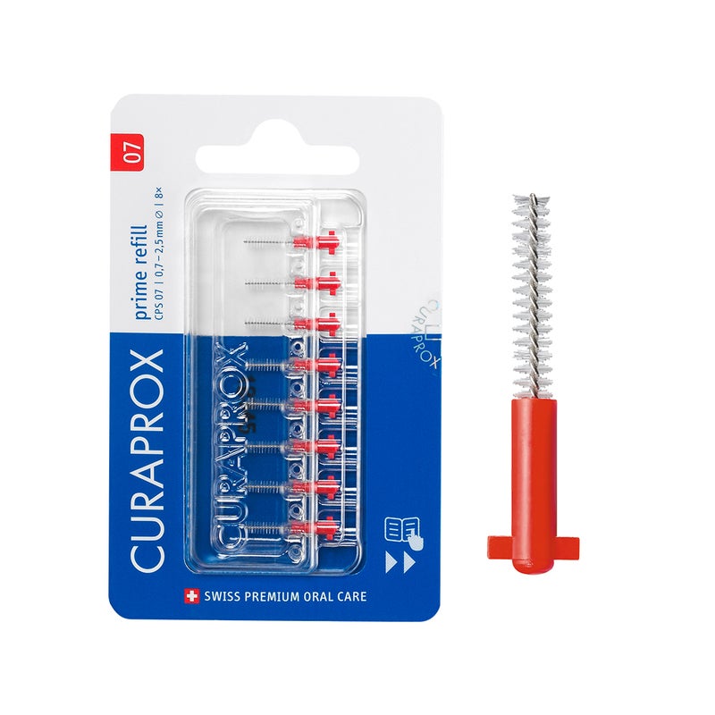 CURAPROX CPS Prime 07 Interdental Brush Refills | 8 Ultra-Fine Brushes (0.7mm) for Effective Plaque Removal, 2.5mm Interdental Size, Red Pack - Image 1